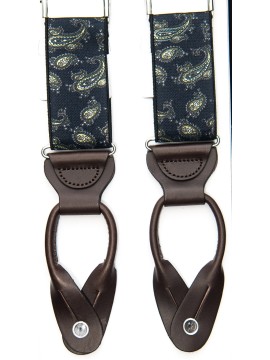 Navy/Green Printed Paisley Non-Stretch, Suspenders Button Tabs, Nickel Fittings